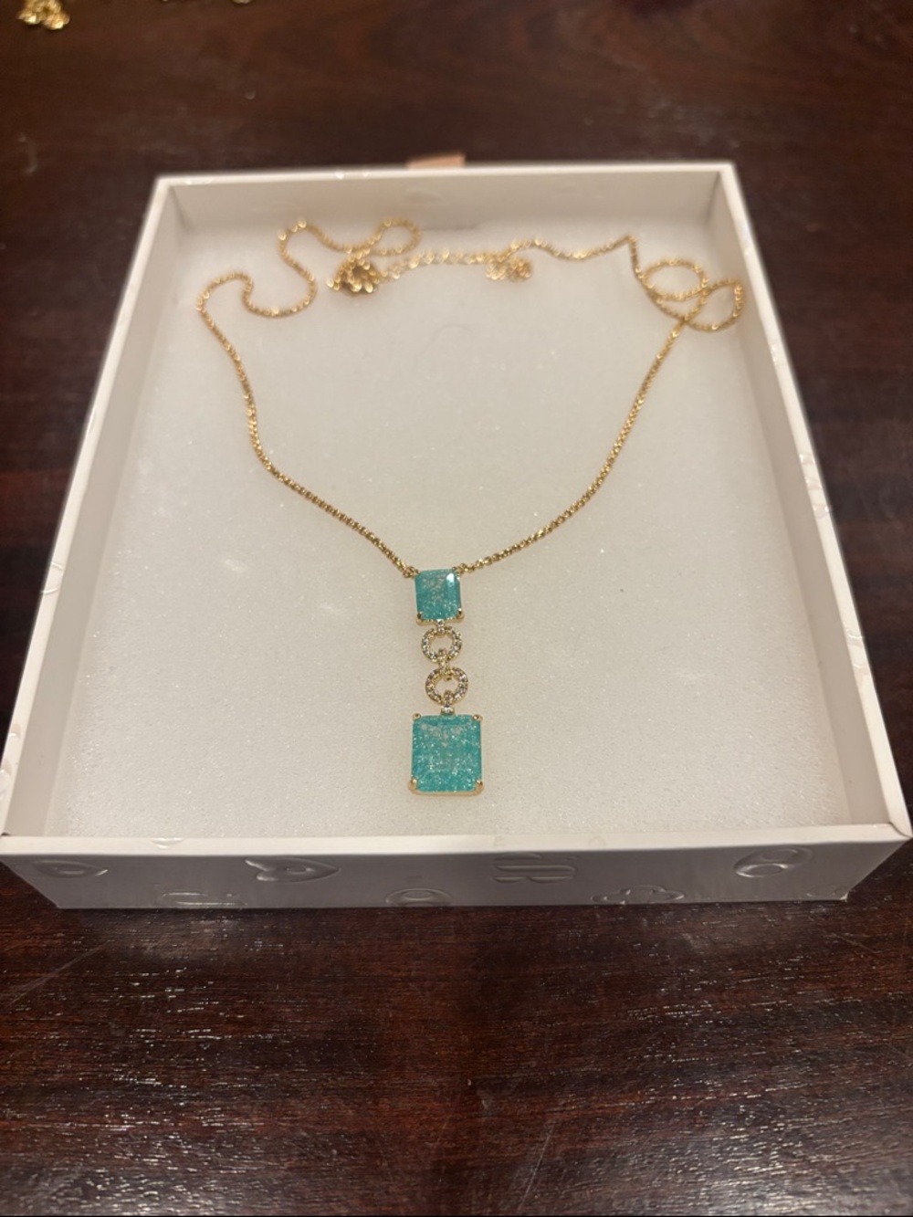 Gold Necklace with Aqua Ive Crystal Square Pendant